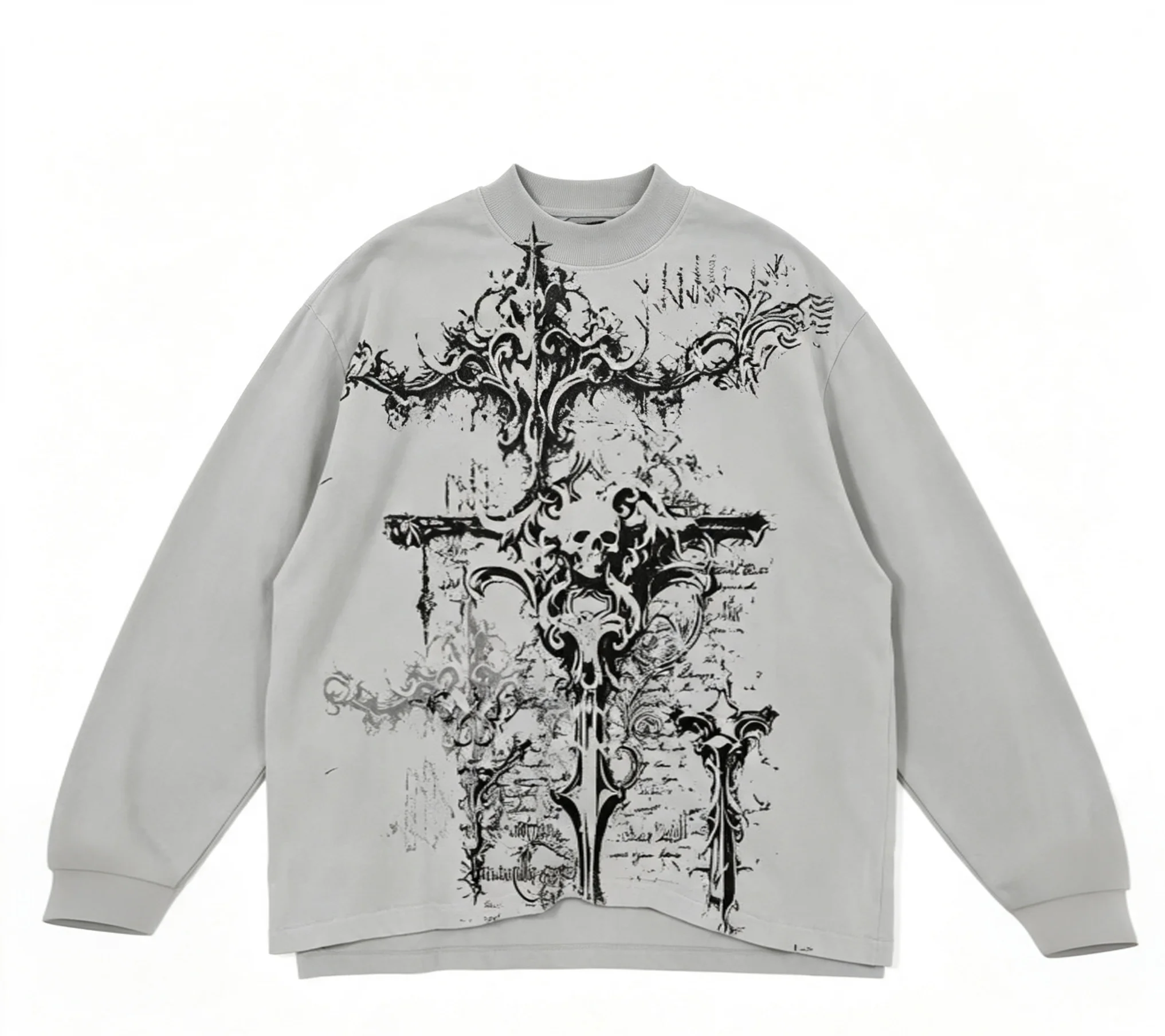2026 Y2K Grunge Gothic Cross Fake Two‑Piece Long Sleeve T‑Shirt,Distressed Baroque Print Loose Streetwear Tops for Men Women