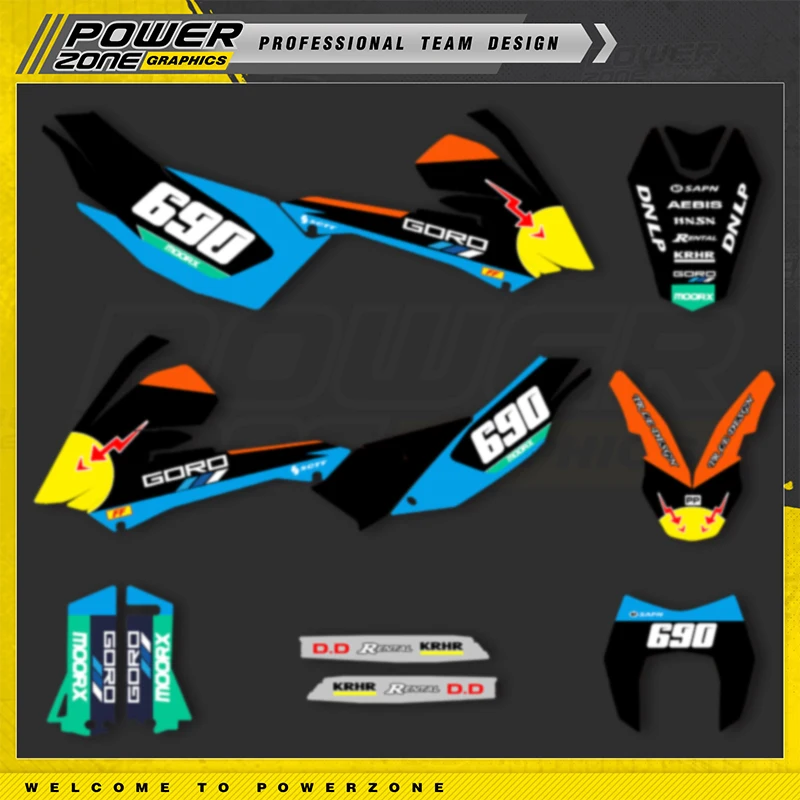 พาวเวอร์โซนสำหรับทีมที่กำหนดเองกราฟิกพื้นหลังสติ๊กเกอร์ชุดสำหรับ KTM 2008-2011 LC4 SMC 690 รถจักรยานยนต์ SUPERMOTO