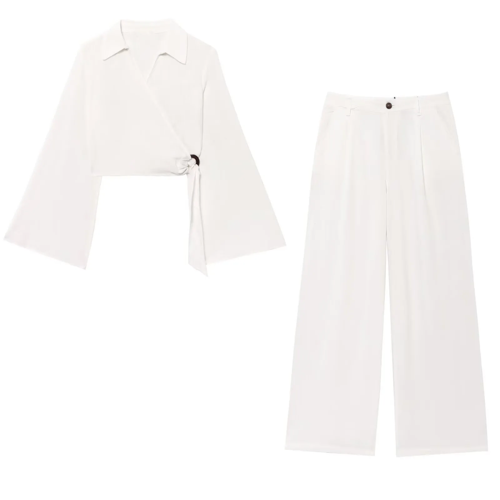 

ZBZA Women's Loose Cropped Shirt Pants Suit Simple Lapel Batwing Blouse High Waist Straight Wide Leg Pants Summer New Chic Set