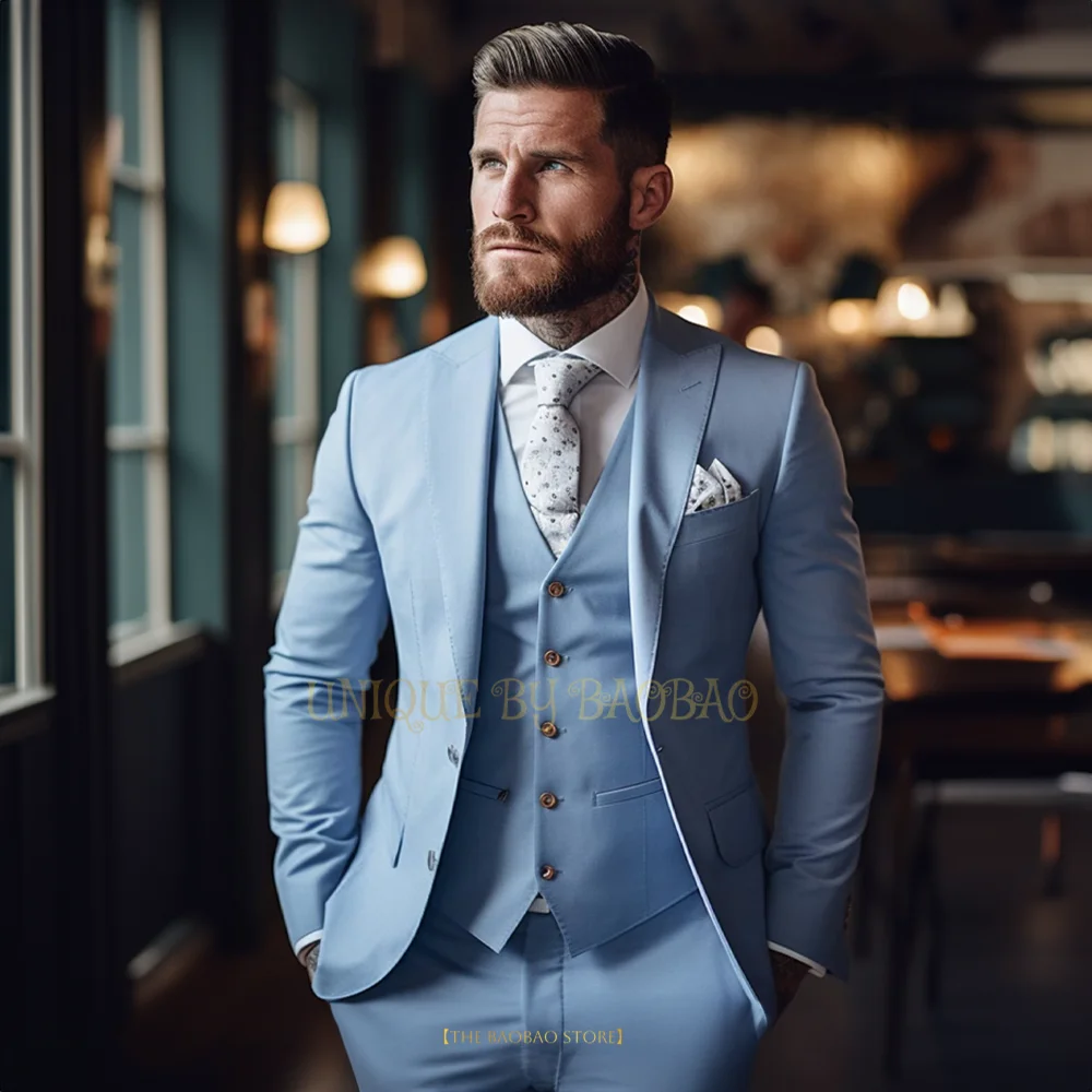 

Men's 3-piece wedding suit (coat+vest+pants) sky blue slim fit dress birthday party banquet cocktail dance custom tuxedo