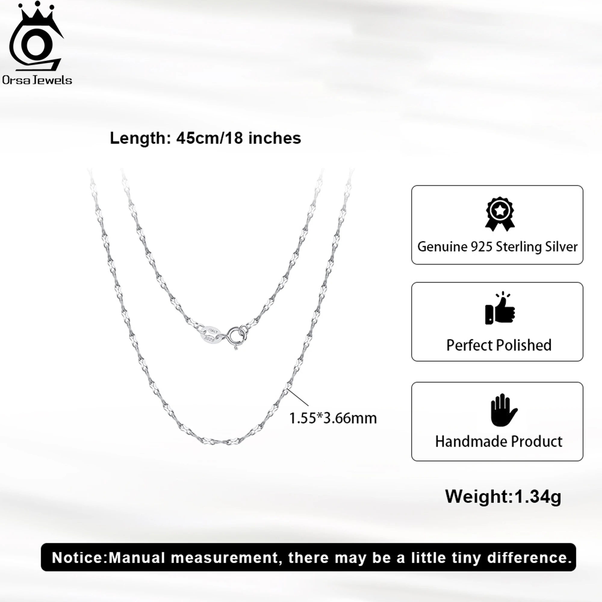 ORSA JEWELS 1.5mm Little Infinite Charm Link Chain Choker 925 Sterling Silver Necklace Multiple Size Selection Retro Style SC87