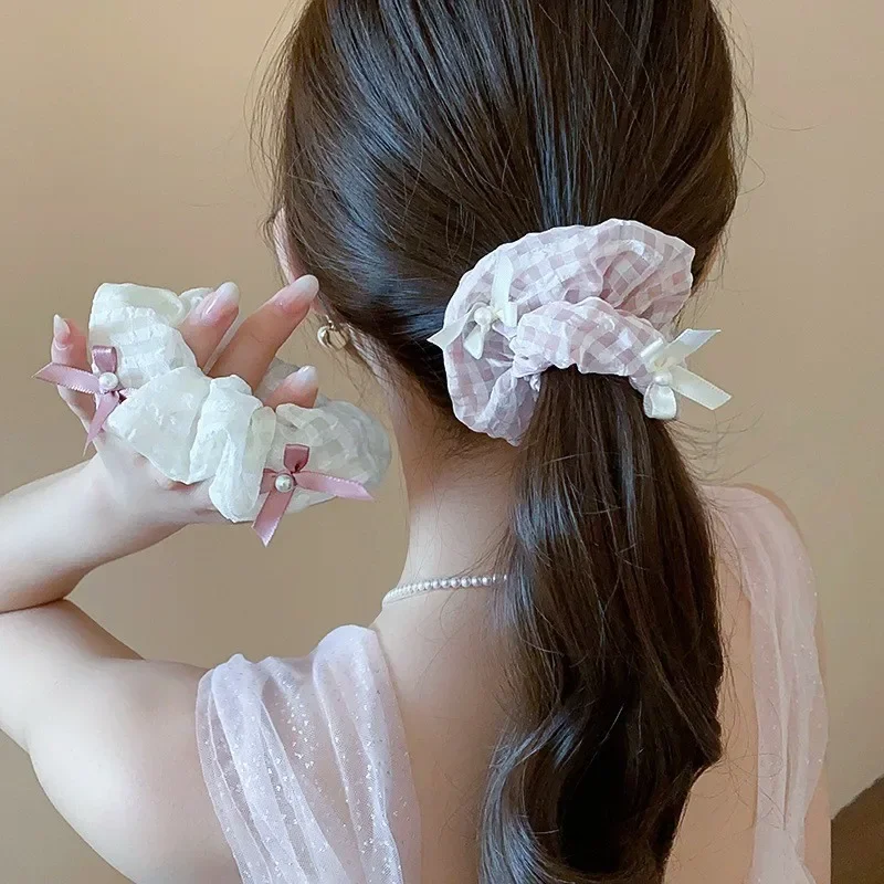 

Милая атласная резинка для волос с бантом в клетку, женская, для хвоста, модный аксессуар для волос