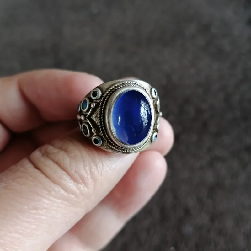 Antique Vintage Retro Silver Color-Changing Gemstones, Adjustable Size, With Aged Patina, Women'S Ring