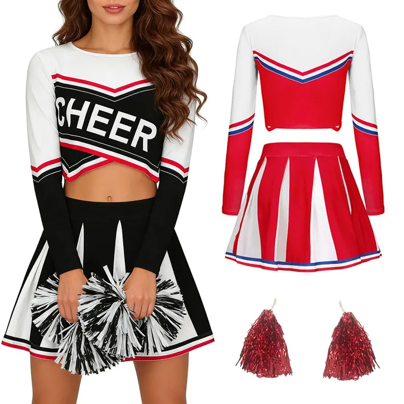 Damen Langarm-Cheerleader-Set mit Kurzem Rock Mädchen Feiertagsparty-Kostüm Saison-Sport-Performance-Kostüm Inklusive Pompons