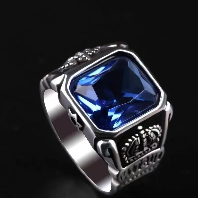 The new retro square blue zircon crown ring is stylish, cool and powerful with an adjustable opening