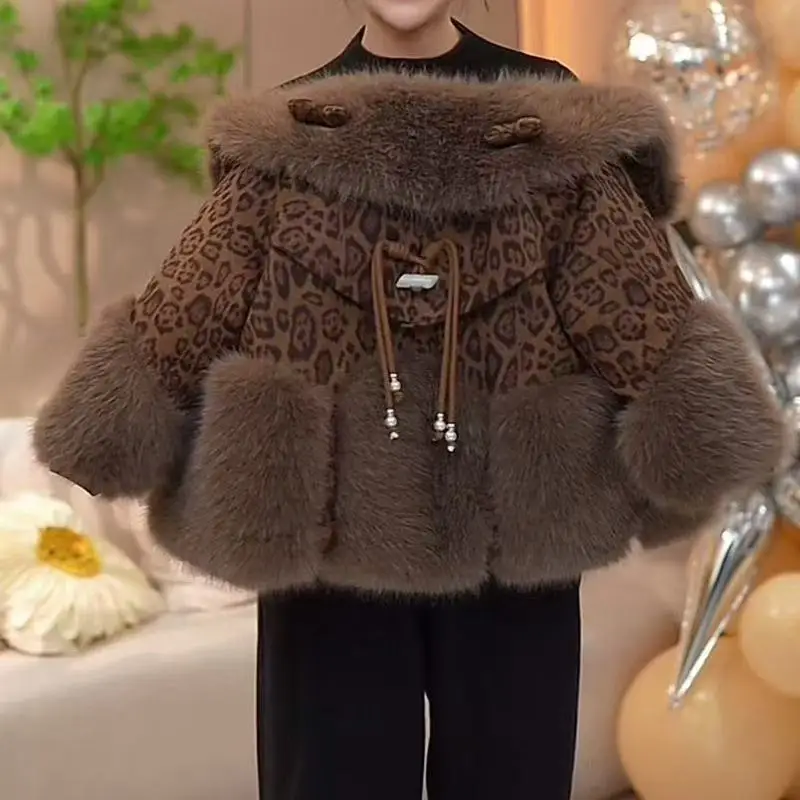 Children's New Style With Plush and Thickened Korean Version Fashionable Warm Coat 90-140CM Kids Girls' Winter Coat