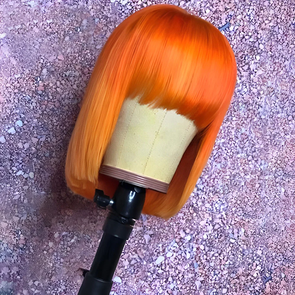 

WIF Short Bob Straight Orange Hair Synthetic Lace Wig Silk Straight Bob with Bangs Blue Hair Lace Front Wigs Daily Makeup Use