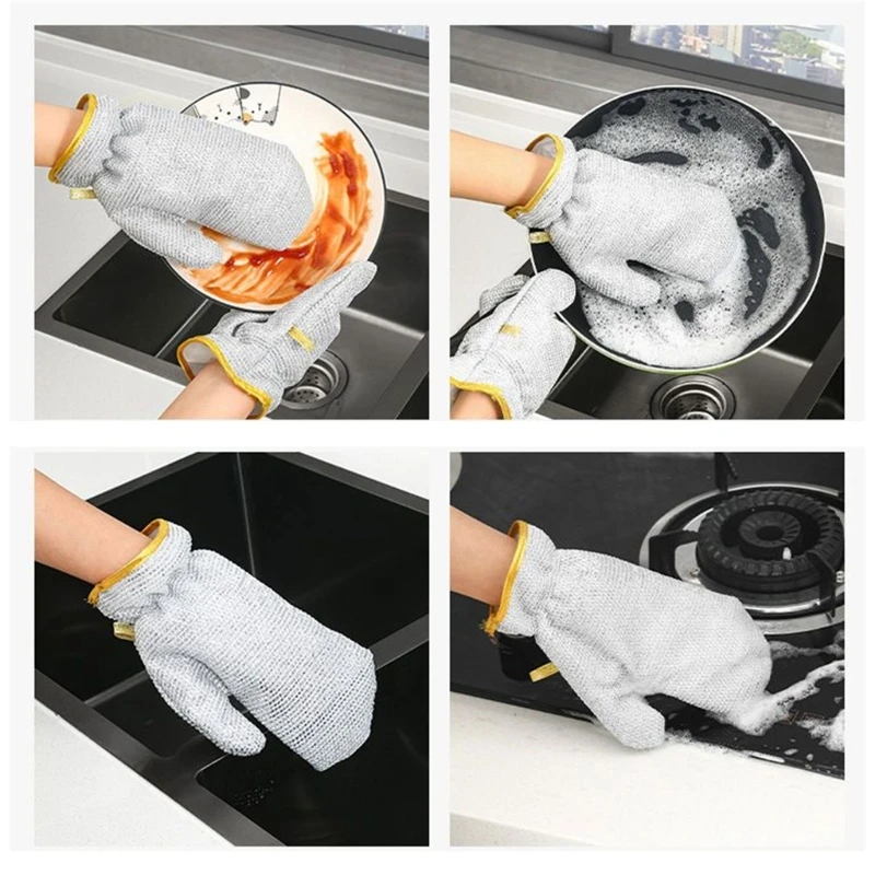 Double Sided Silver Wire Dishwashing Gloves, Waterproof Pads, Heat and Cold Resistant, Convenient, 2 Pcs