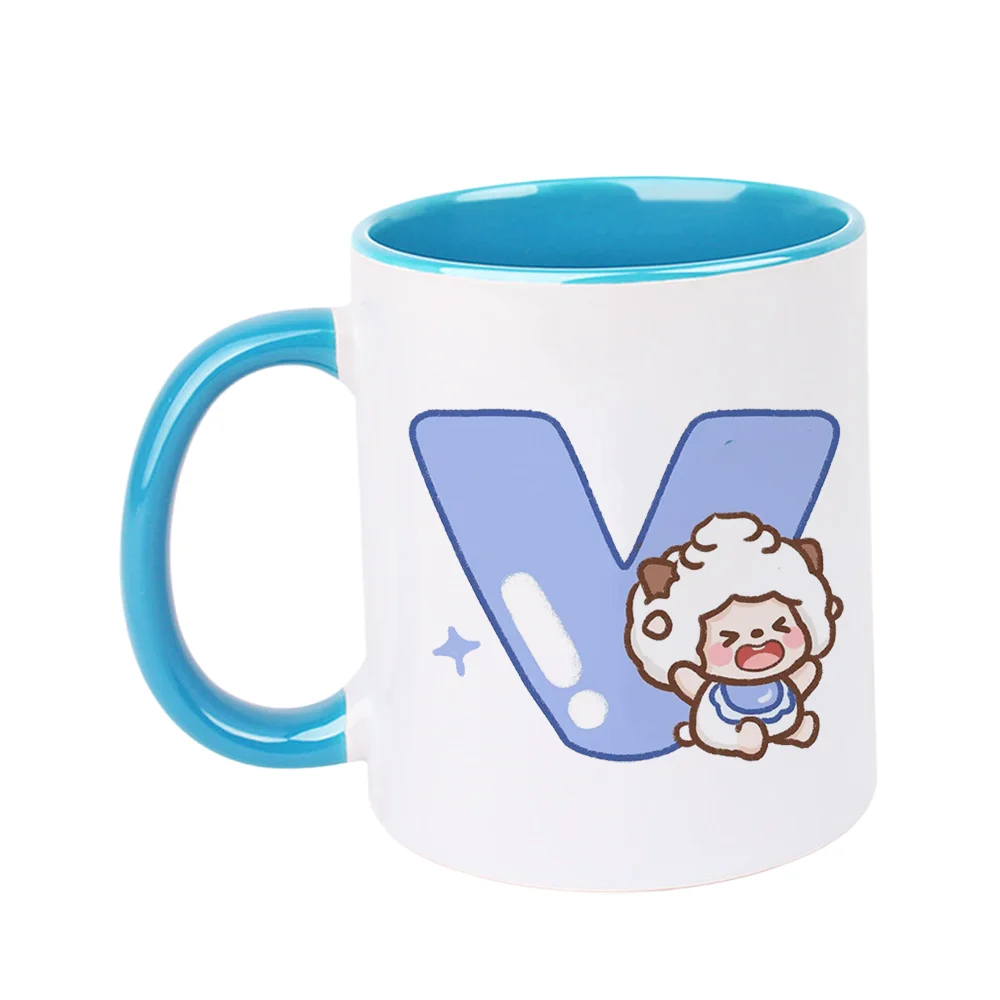 11oz Cute Lamb Ceramic Coffee Mug with Blue V Letter Print for Home Party Office Drinking, Perfect for Birthday Holiday Present