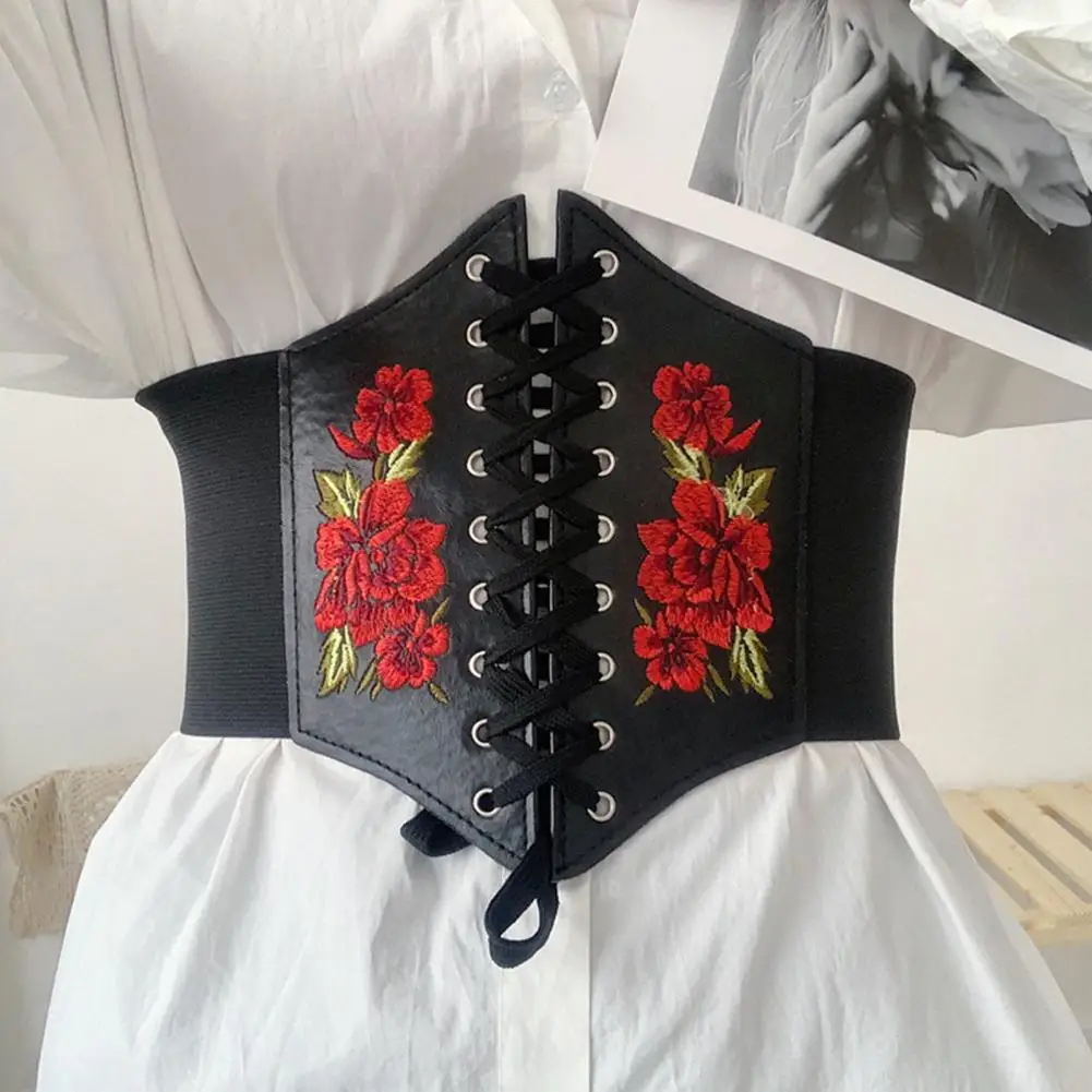 

Women Corset Waist Belt Embroidery Rose Flowers Adjustable Stretch Rope Faux Leather Women Elastic Lace Up Corset Accessories