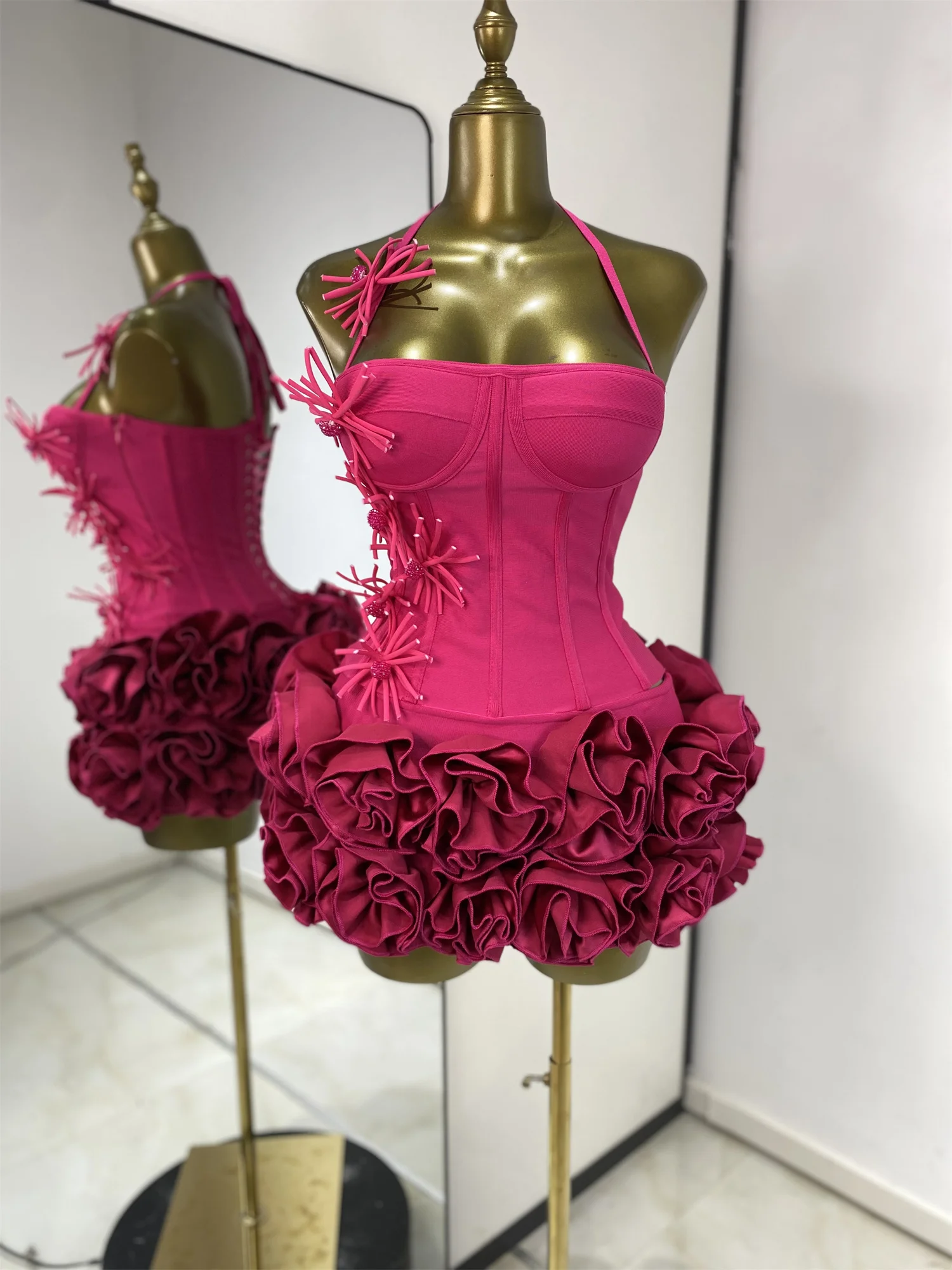 Women New Hot Pink Birthday Bandage Outfits Halter Corset Top Rose Mini  Skirt Two Pieces Sets Celebrity Evening Club Party Dress