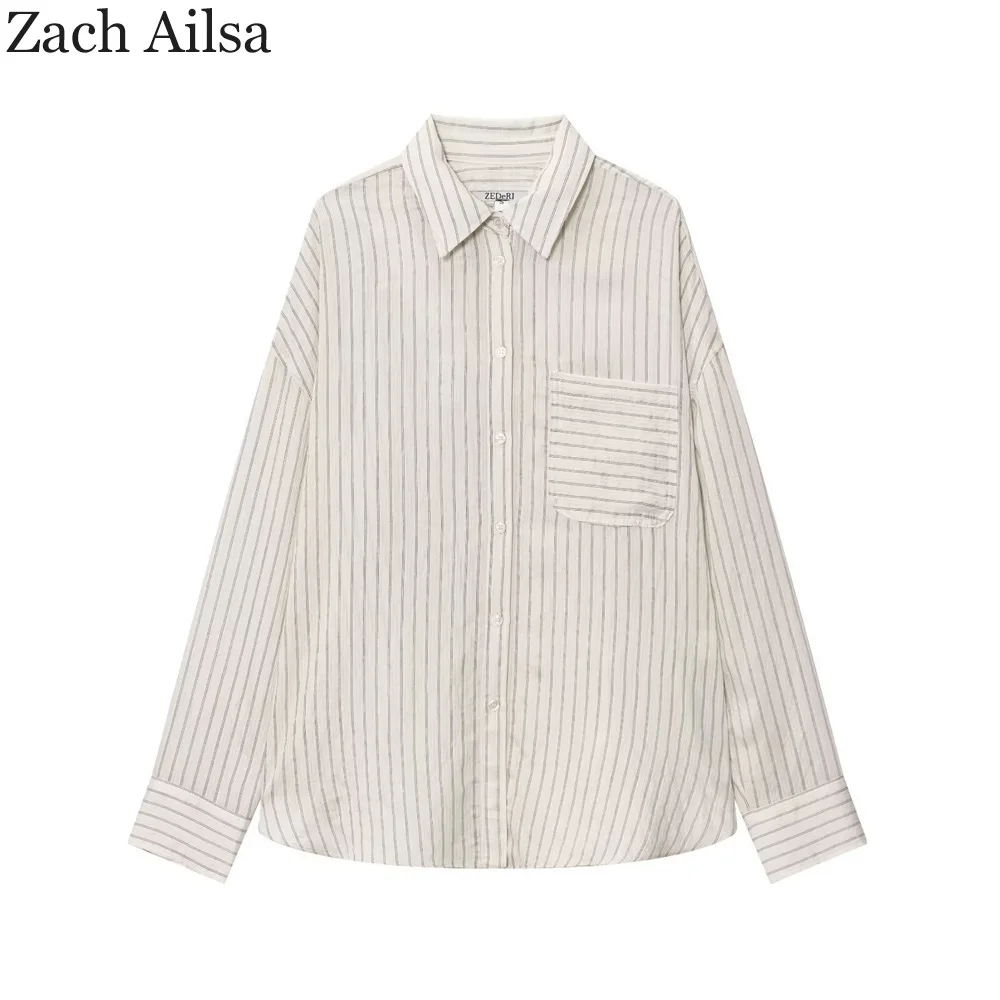 

Новинка осени 2025 года, женская повседневная свободная и универсальная полосатая рубашка с лацканами и длинными рукавами, топ