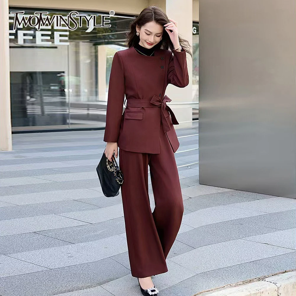 TWOTWINSTYLE Burgundy Two Piece Sets For Women Square Collar Long Sleeve Coats High Waist Straight Pant Casual Set Female New