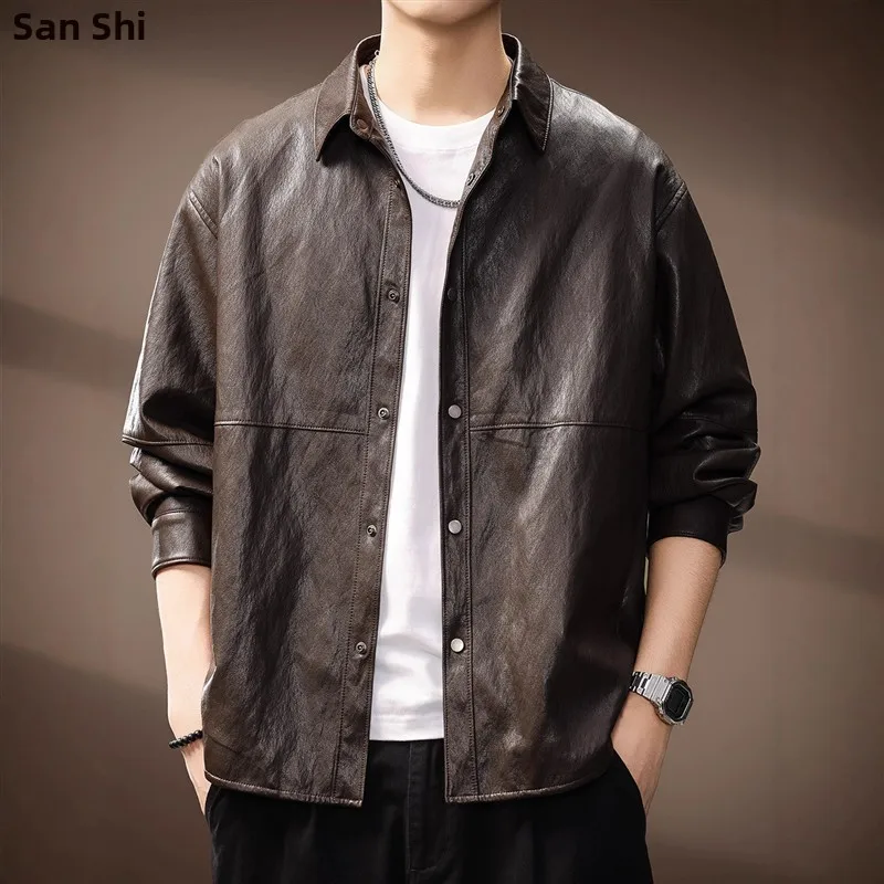 

High-End American Retro Heavy-Du Waed PU Leather Jaet Men's Cool Workwear Outerwear Motorcycle Jaet for Autumn Outdoor