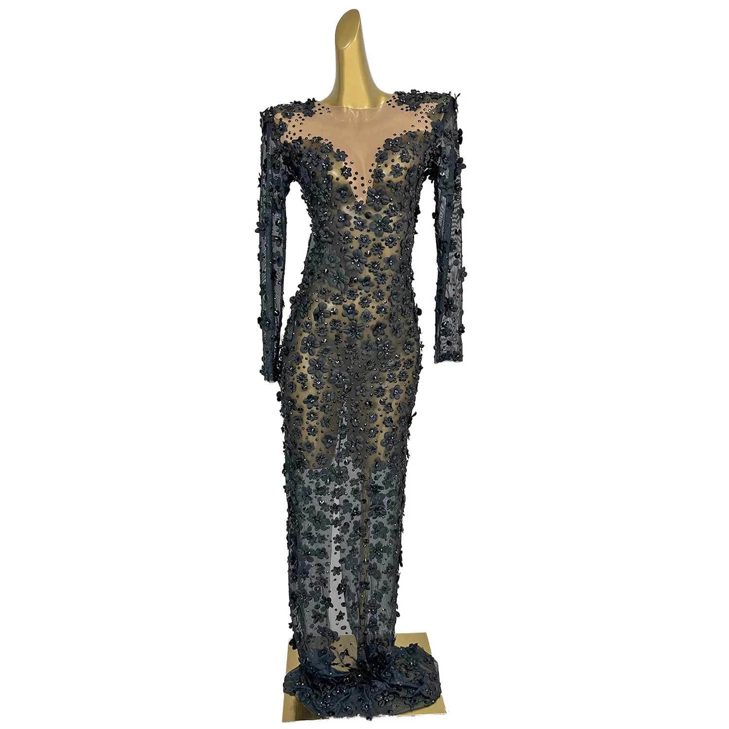 Black Sexy Mesh See Through Dress Nightclub Club Holiday Party 3D Printed Dress Red Carpet Runway Dress ﻿chunjiechangxiu