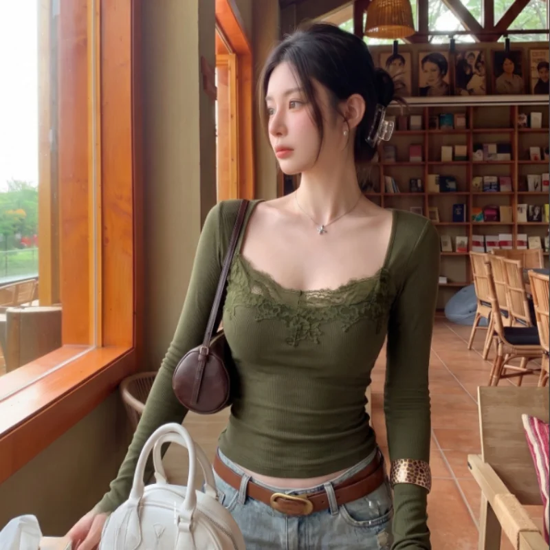 Street Style Lace Splice Women's T-shirt Slim Fit Long Sleeve Early Autumn White Green Base Shirt Fashionable Casual Top