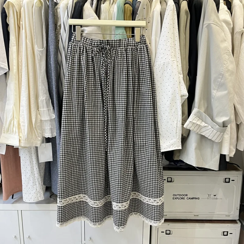 Meet Small Tangerine Sauce Japanese-Style Retro Plaid Lace Skirt Spring and Summer New Niche Simple, Loose and Versatile Dress