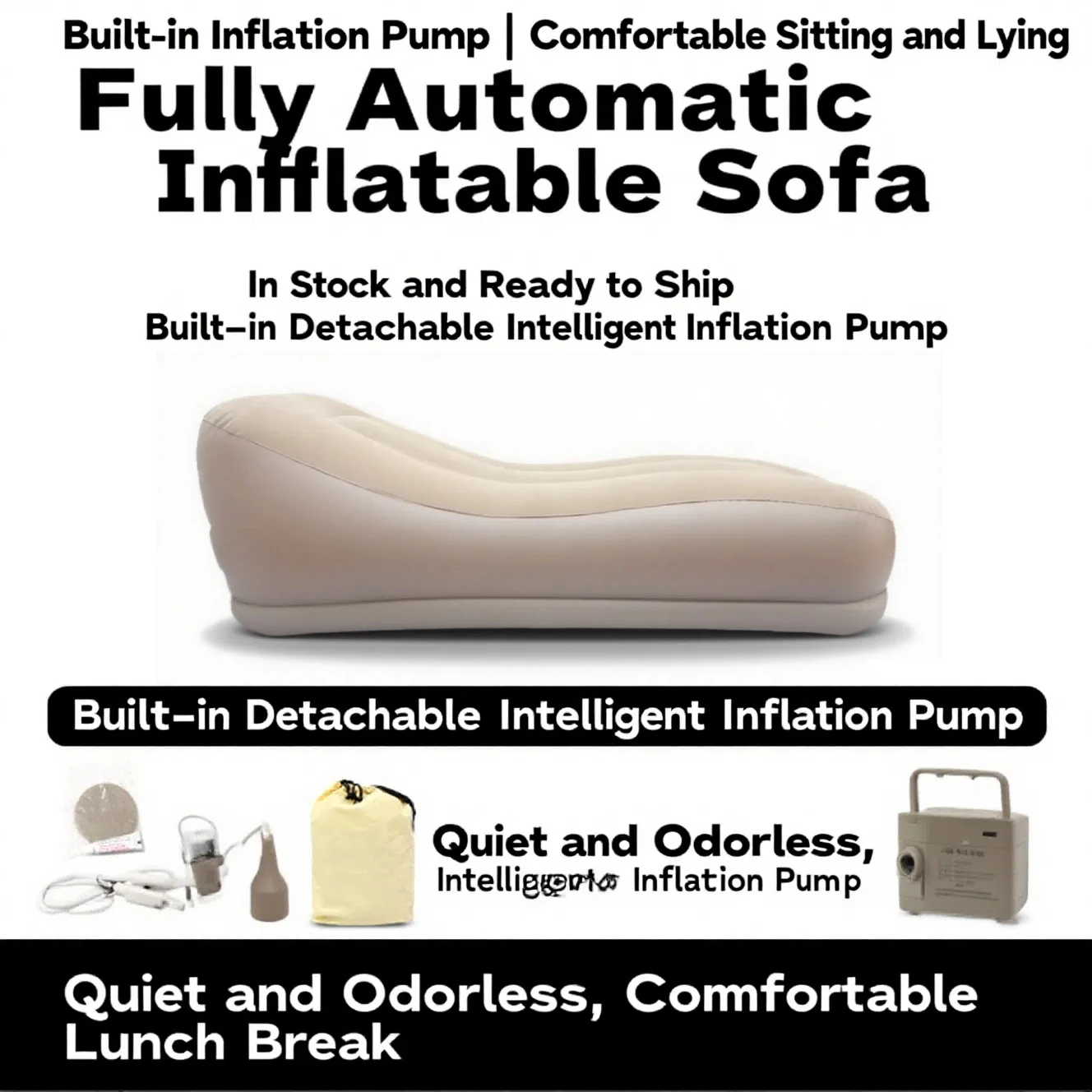 Fully Automatic Inflatable Sofa with Built-In Detachable Pump Odorless Portable Lounger for Office Lunch Break, Home Living