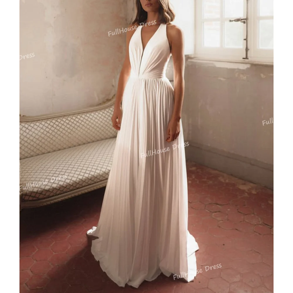 

Custom Made Simple Halter Tiered Pleated A-line Wedding Dress Draped Open Back Floor Length Bridal Dress with Sweep Train