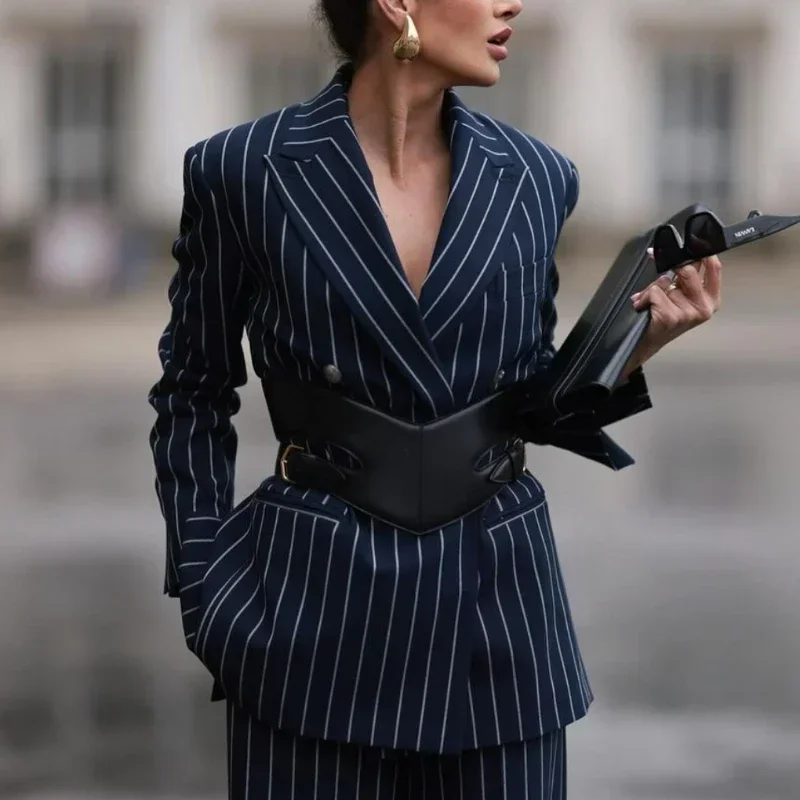 Women's Spring Fall Business Office Suit Pants 2025 New Striped Female Long Loose Wide Leg Printed Deep Blue Trousers for Ladies