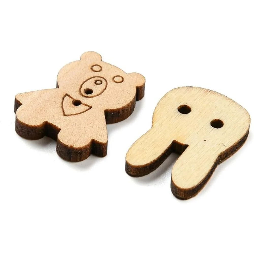 100 قطعة أزرار خياطة خشبية على شكل حيوان 2-فتحة أرنب فراشة الدب أزرار خياطة أزرار زخرفية خشبية غير مكتملة