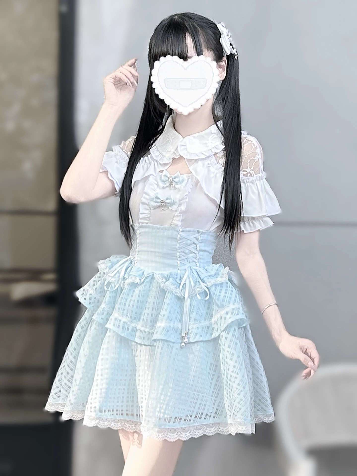 

Original Design Ground Bud Girl Lace Short-sleeve Shirt Waist Skirt Two-piece Set Academic Style White Shirts Pleated Skirt Suit