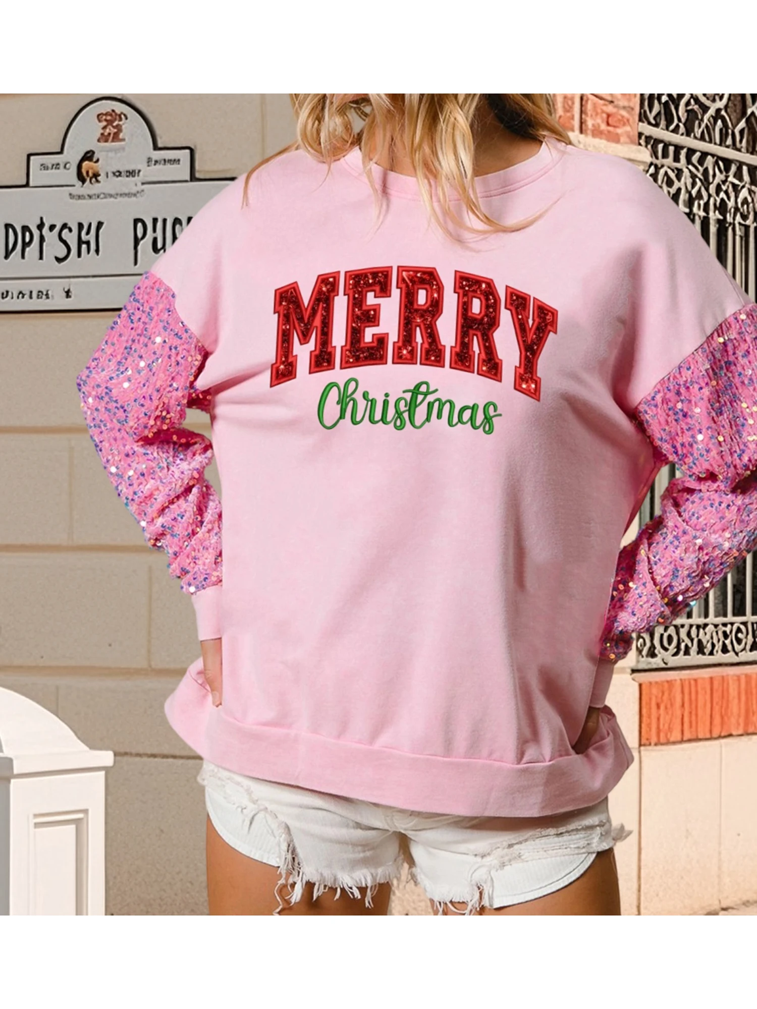 女性のカジュアルクリスマスセーター長袖ラウンドネックスパンコール文字刺繍ジャンパートッププルオーバースウェットシャツ