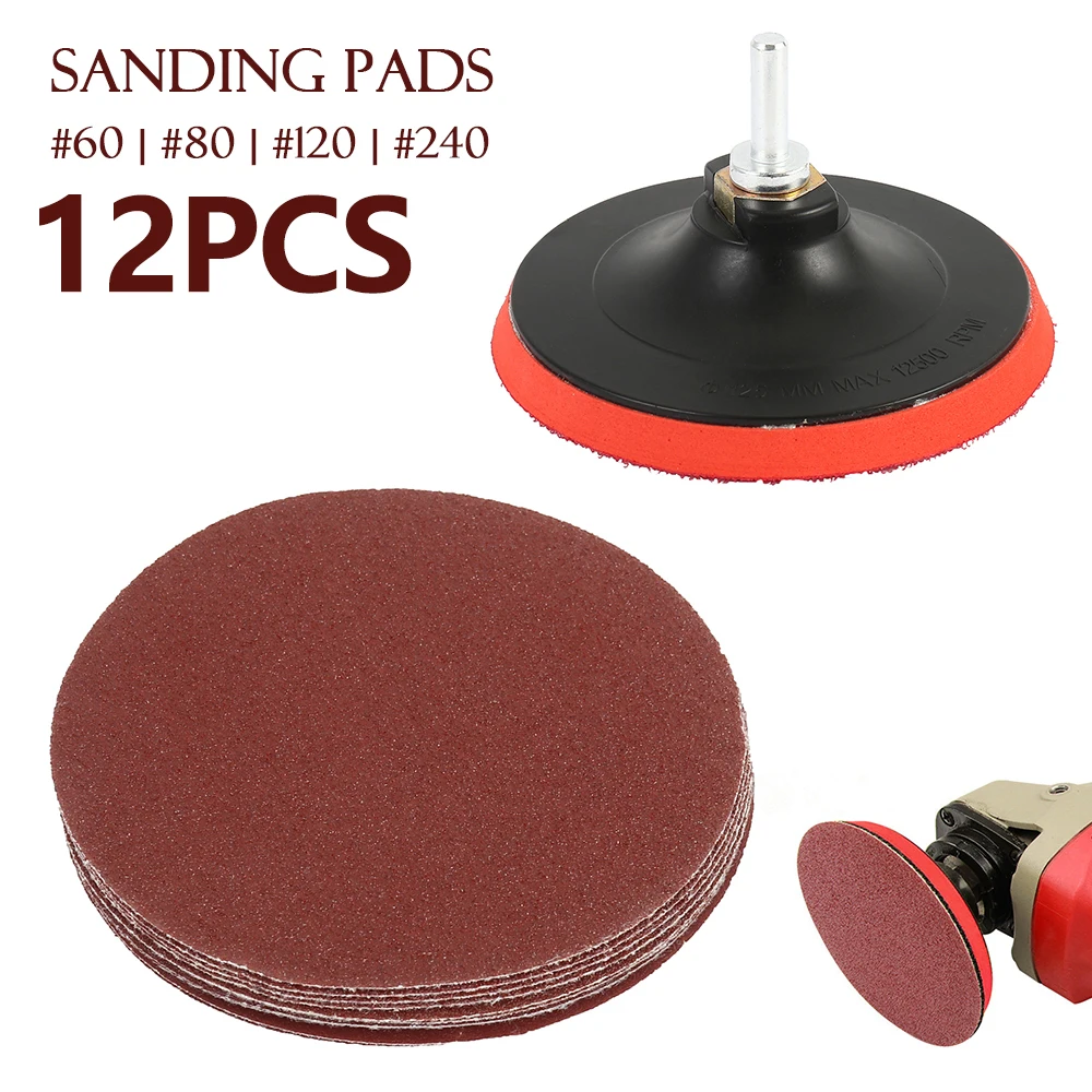 

12 шт. 5-дюймовые шлифовальные диски, шлифовальные подушечки из глинозема, шлифовальная бумага 60/80/120/240, для металла, дерева, стекла, наждачная бумага для полировки автомобиля