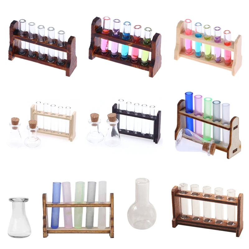 Hot Sale Laboratory Glass Test Tubes With Wooden Rack Set 1:6 1:12 Dollhouse Miniature Accessory Home Decoration Ornament