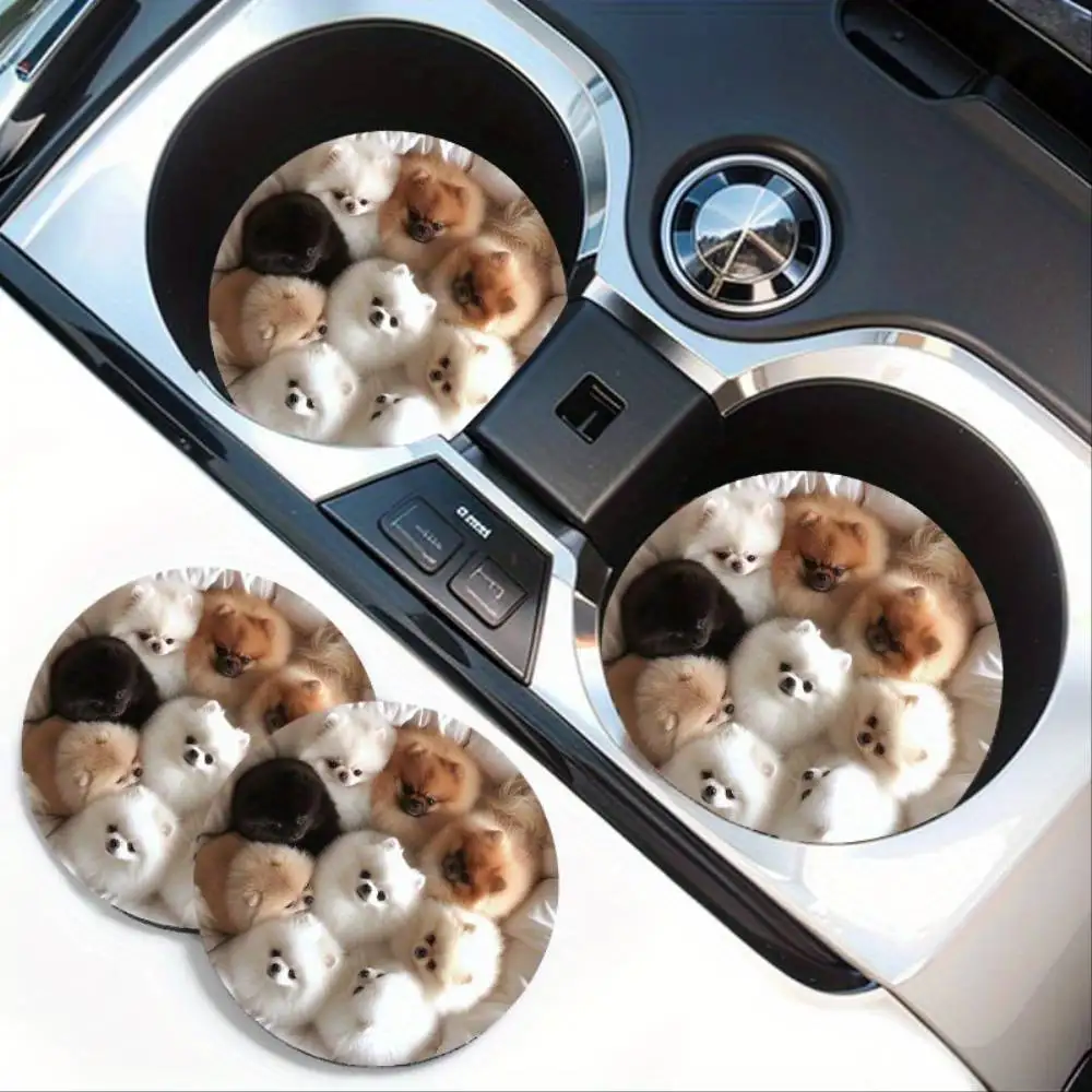 Pomeranian-Themed EVA Car Cup Holder Coasters 2pcs Non-Slip Absorbent Drink Mats For Vehicle Interiors