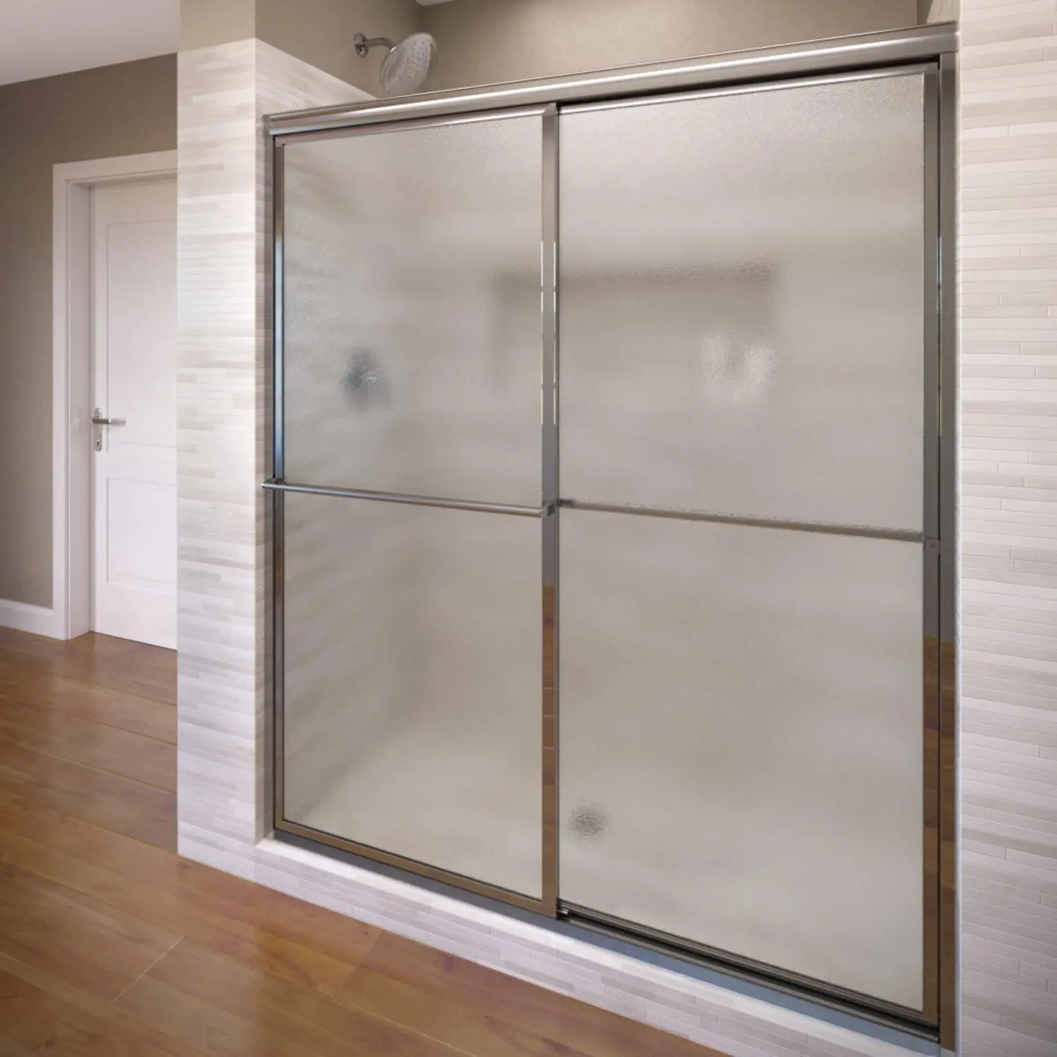 Deluxe Framed Sliding Fits 42-44 Inch Opening Obscure Glass Silver Finish Silver Finish Fuzzy Glass