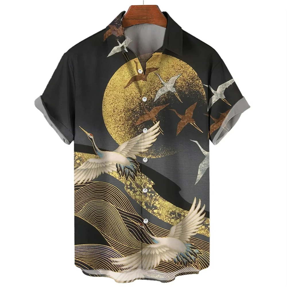 Retro Animal Hawaiian Shirt Men 3D Crane Print Short Sleeved Loose Casual Oversized Shirts Street Harajuku Tops Button Blouse