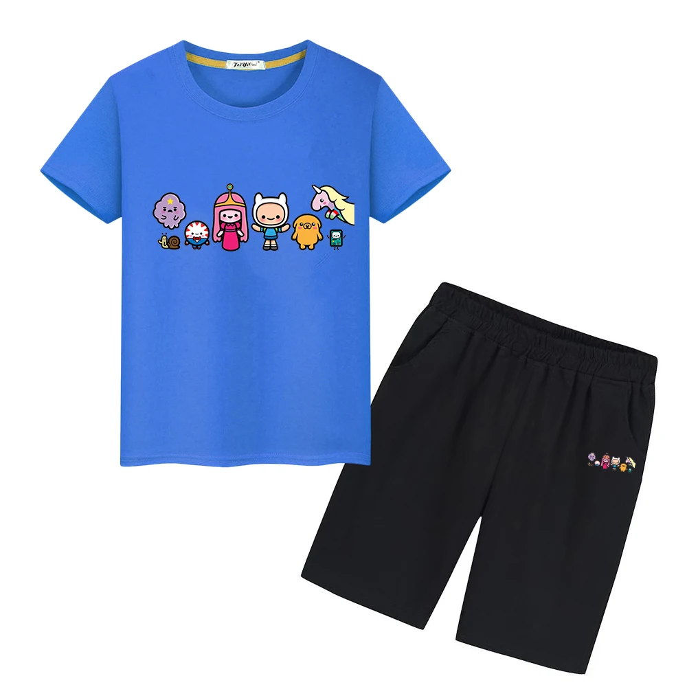 

adventure time 100% cotton cute T-shirt Summer Anime Short boys girls Sets 2pcs T-shirt+shortskids suit kids boutique clothes