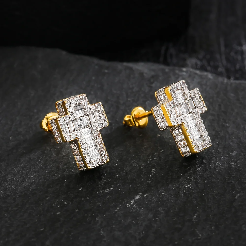 Luxury Punk Cross Earrings for Men Iced Out Zirconia Hiphop Stud Earring Gold Color Women\'s Accessories Fashion Jewellery