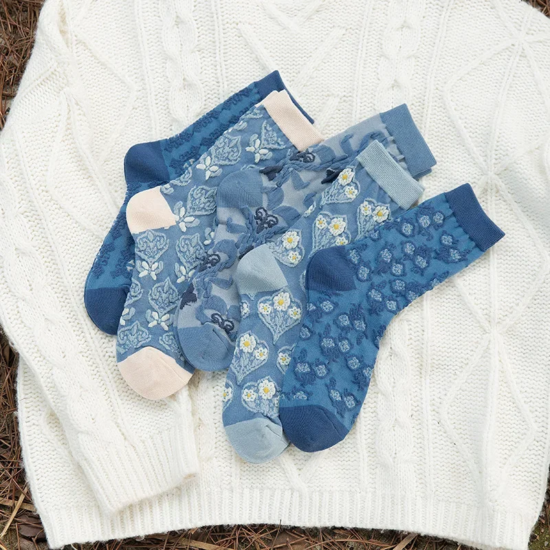 

5 пар высококачественных новых женских длинных носков с модным трехмерным рельефным цветочным узором, милые и забавные повседневные носки