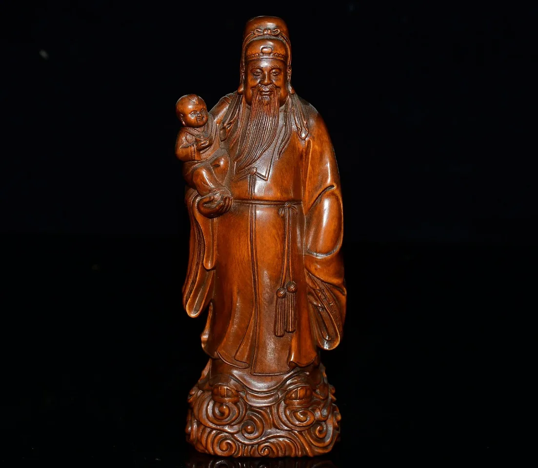 

6"Tibetan Temple Collection Old Boxwood Yuanbao Coins Fortune Immortal Sends Boy Gather wealth Ornaments Worship Hall