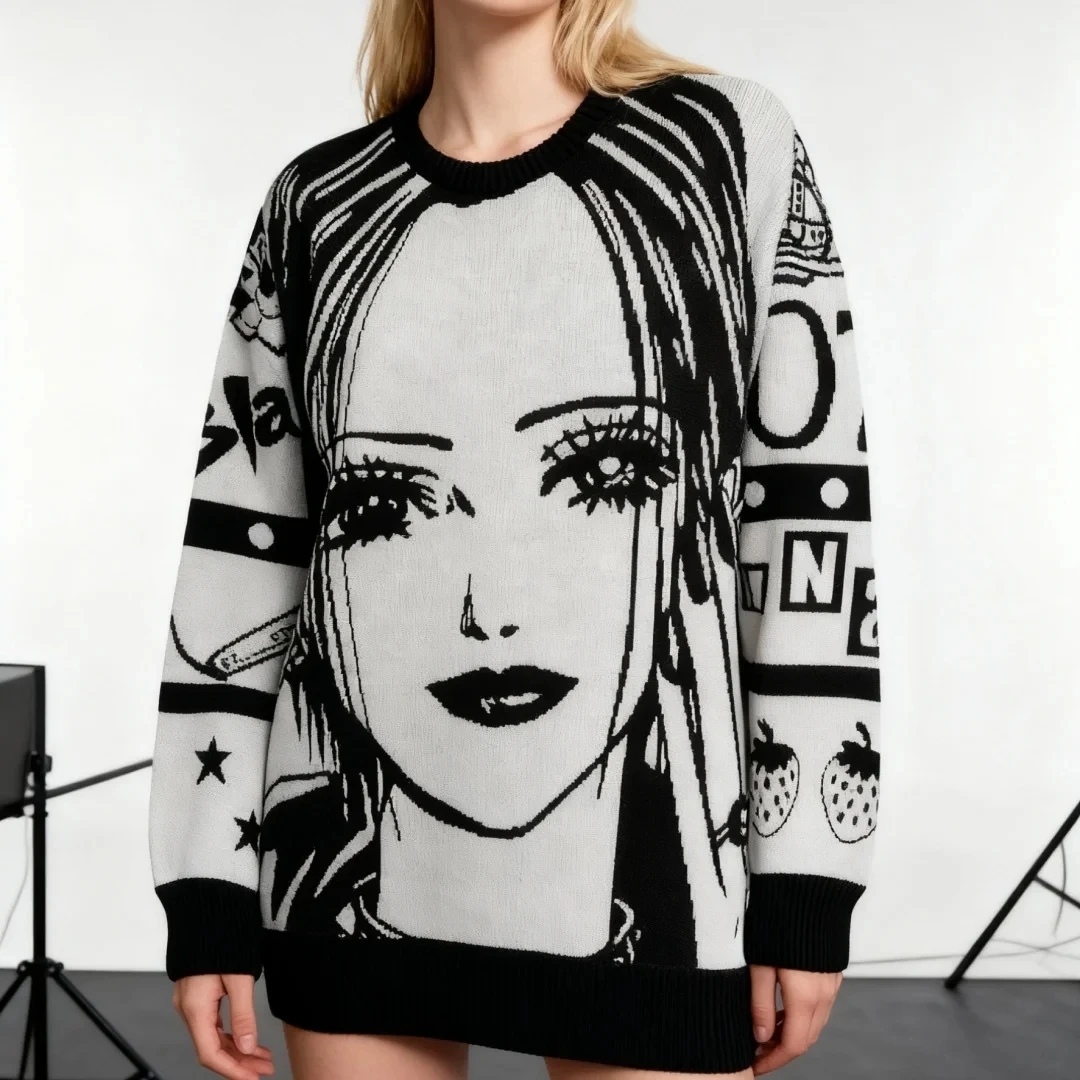 

Japanese Cartoon Aesthetics Girl Pattern Casual Kawaii O Neck Sweater 2000s Street Vintage Harajuku Loose Warm Pullover Knitwear