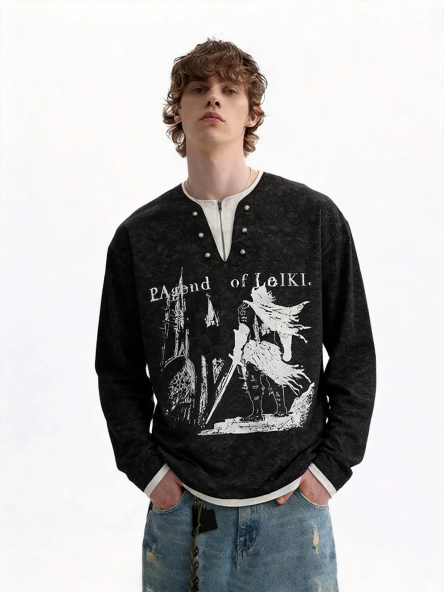 Loose Long Sleeve T-Shirt Men's Henry Collar Patchwork Couple's Sweatshirt Punk Style Printed Casual Spring Summer Top