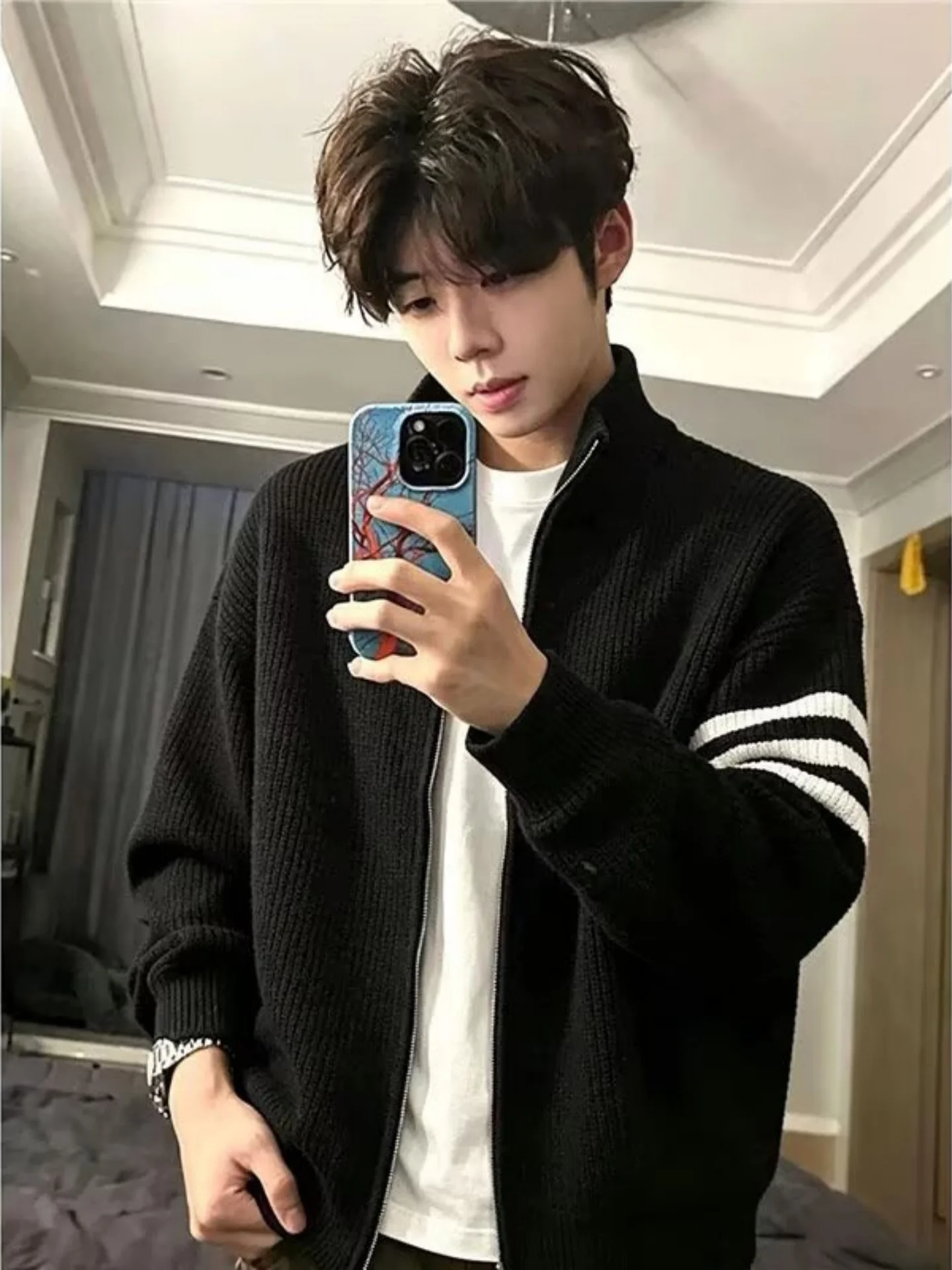 Korean Style Lazy Zipper Knitted Open Cardigan Men's Autumn Winter Loose Three Stripe Retro Couple Casual Sweater Jacket