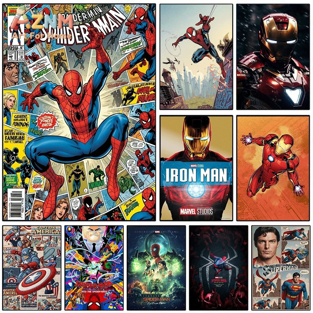 AZNM Spiderman, Impresión en Lienzo de Collage de Cómics Vintage, Arte Gráfico Pop con Pose Clásica de Salto de Superhéroe, Portada de Revista Retro