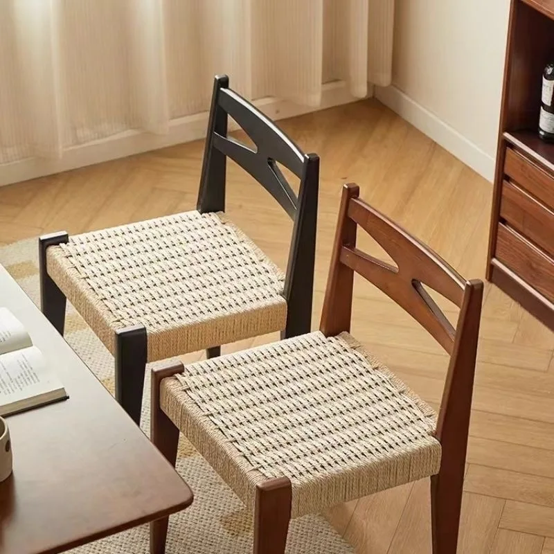 

Minimalist designer pre-used solid wood rope dining chair home vintage Nordic backrest