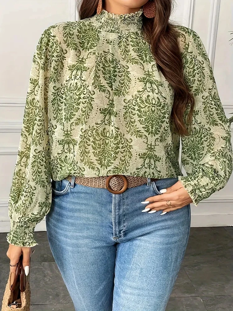 

Autumn 2024 new comfortable casual ladies floral stand collar large size shirt lantern sleeve floral shirt