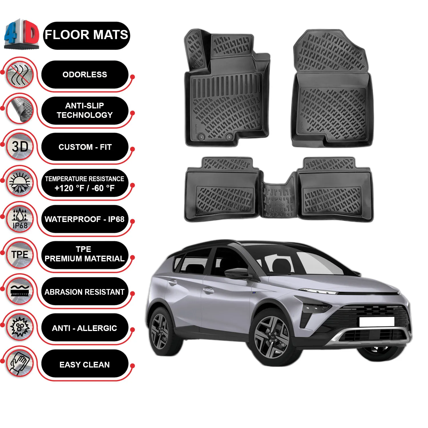 

Hyundai Bayon - (2021-2023) Floor Mats Liner Waterproof 3D - (Black)