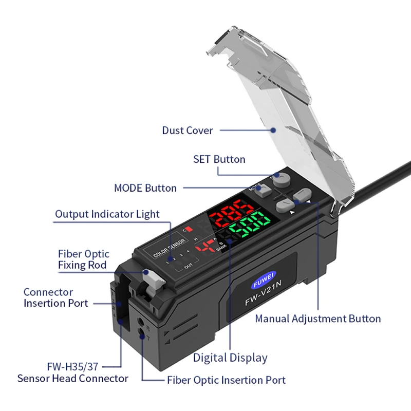 FW-V21N Color Detection  Coaxial Probe RGB Light Source Photoelectric Color Sensor Color Recognition Sensor With 8 Channels