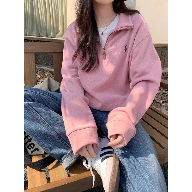 Fold Wear Half Zipper Lapel Embroidered Y2k Hoodie Women 2024 Spring Autumn Korean Version Fashion All-Match Casual Coat 5 Color