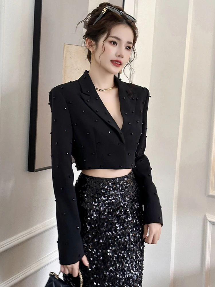 Fashion Chic Women\'s Blazer Office Lady Bright Black Long Sleeve Short Casual Party Coat Ladies Outerwear Stylish Cropped Tops