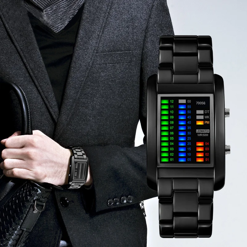 Reloj Hombre New Fashion Binary Led Watches Men Sports Watches Black Steel Band Multifunctional Electronic Wristwatches Men