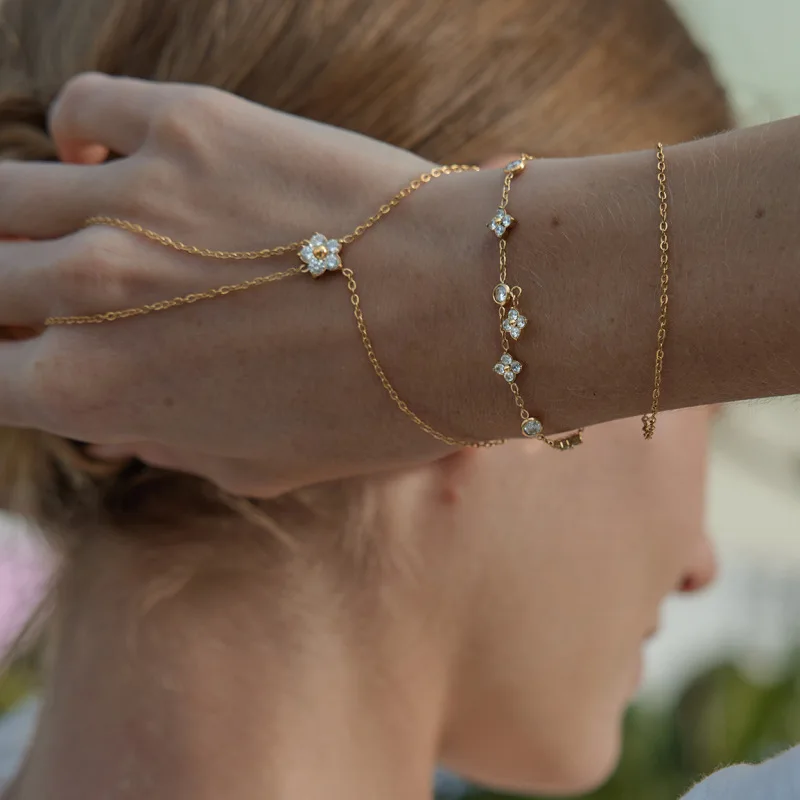 Charm Stainless Steel Double Layer Finger Bracelet with 18K Gold Plated Chains Flower Zircon Integrated Hand Back Chain Jewelry