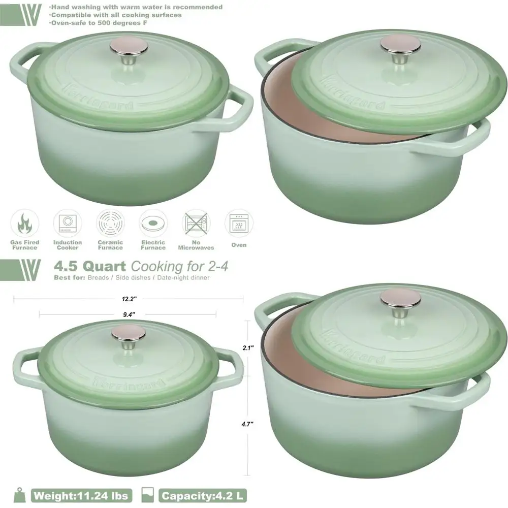 

Green 4.5QT Enamel Cast Iron Dutch Oven with Lid and Sourdough Bread Baking Kit