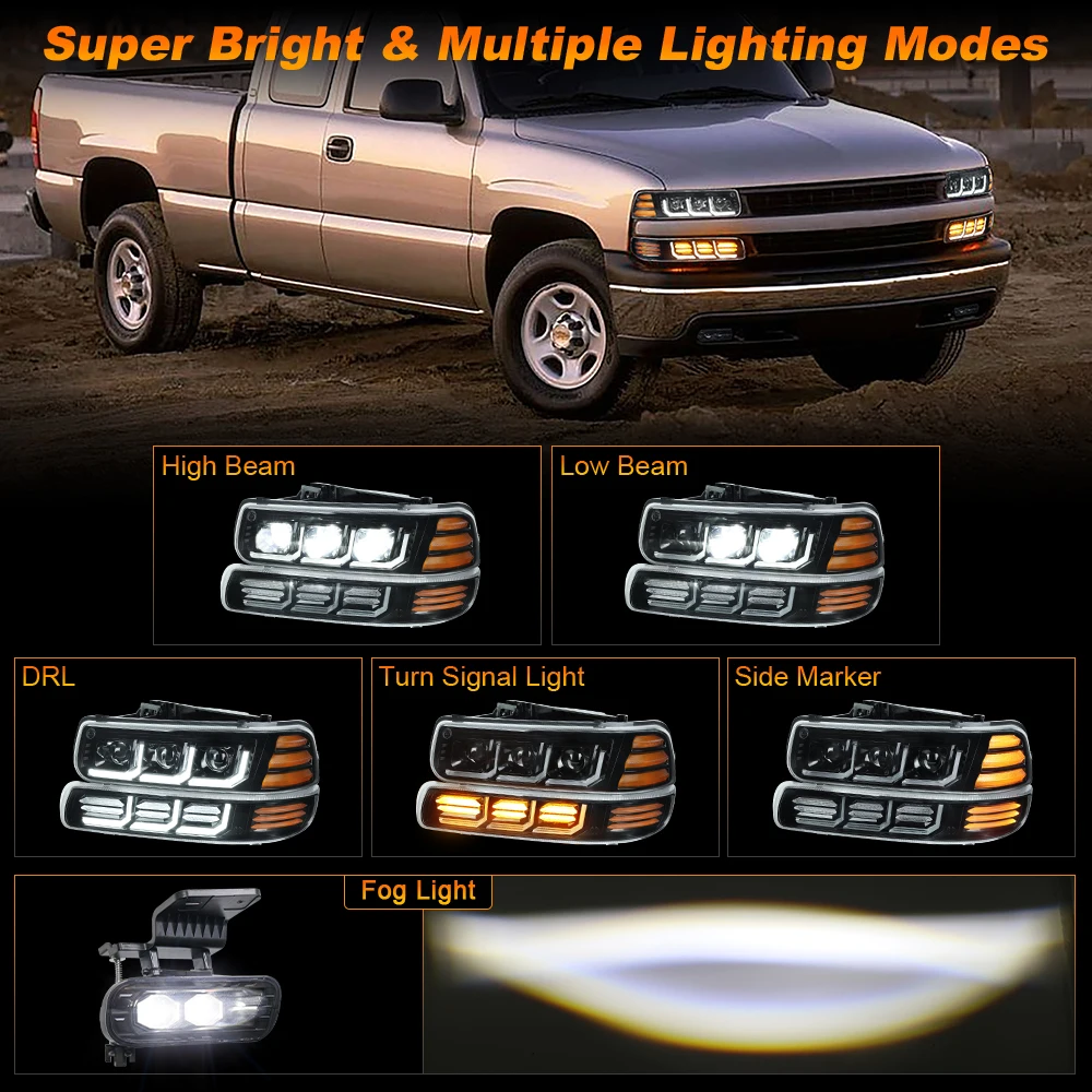 POVTOR LED Headlight Assembly with Fog Lights Set for 1999-2006 Chevy Silverado, Suburban 1500/2500, Tahoe